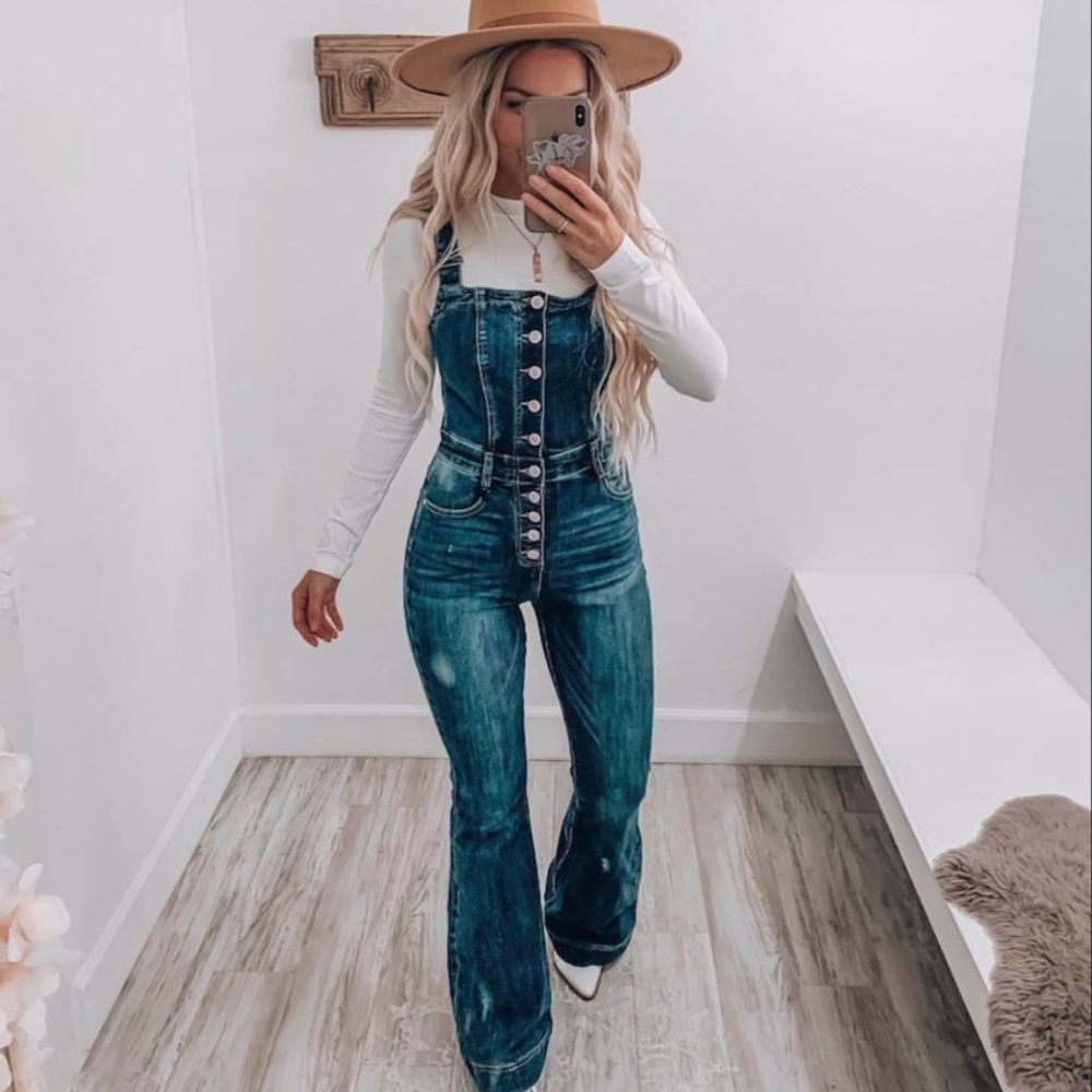 Button Up Denim Overalls Flare Jumpsuit Jumper